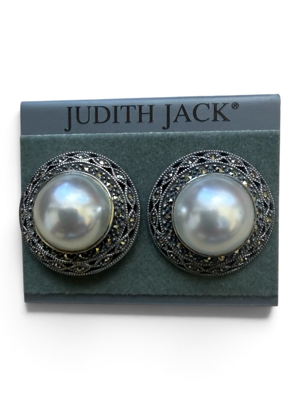 Judith Jack Sterling Marcasite Mabe Pearl Pierced Earrings